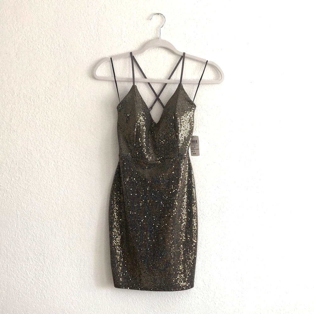 NWT Sequined Cocktail Dress Gold & Grey MADE IN USA sz SM